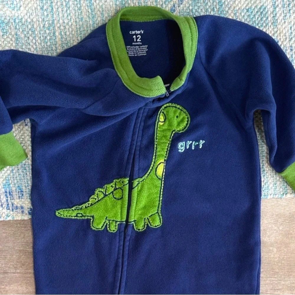 Y2K Carter’s Dinosaur Fleece Footies One Piece Sleeper Pajamas 12 Month baby boy